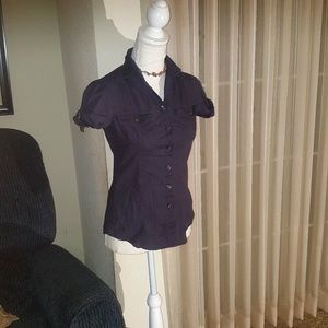 Charcoal Grey Button-Down Short Sleeve Blouse